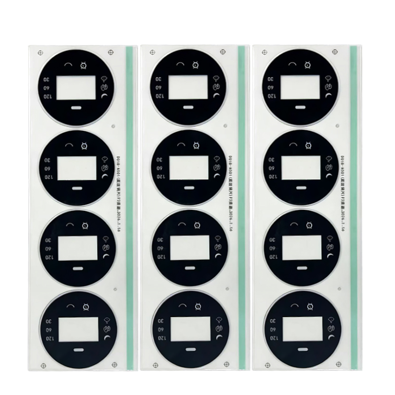 Custom screen printed plastic control panels on transparent sheets, featuring consistent solid black ink coverage and precise white icons.