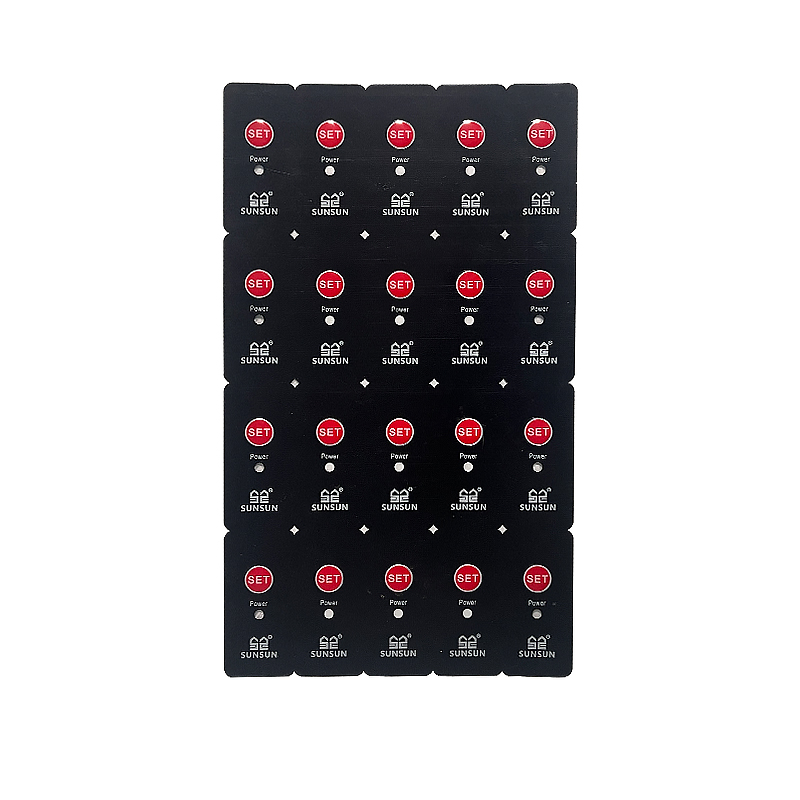 Custom UV flatbed printed black control panel overlays featuring precise cutouts, vibrant red buttons, and white logos.