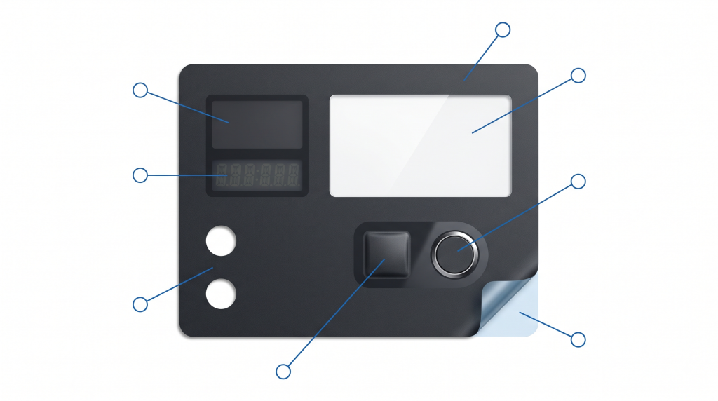 Graphic overlay with display windows embossed buttons texture and cutouts